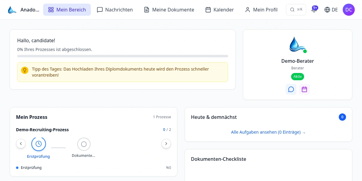 Persönlicher Kandidatenbereich mit Aufgaben, Unterlagen und Kontakt zur Beratung.